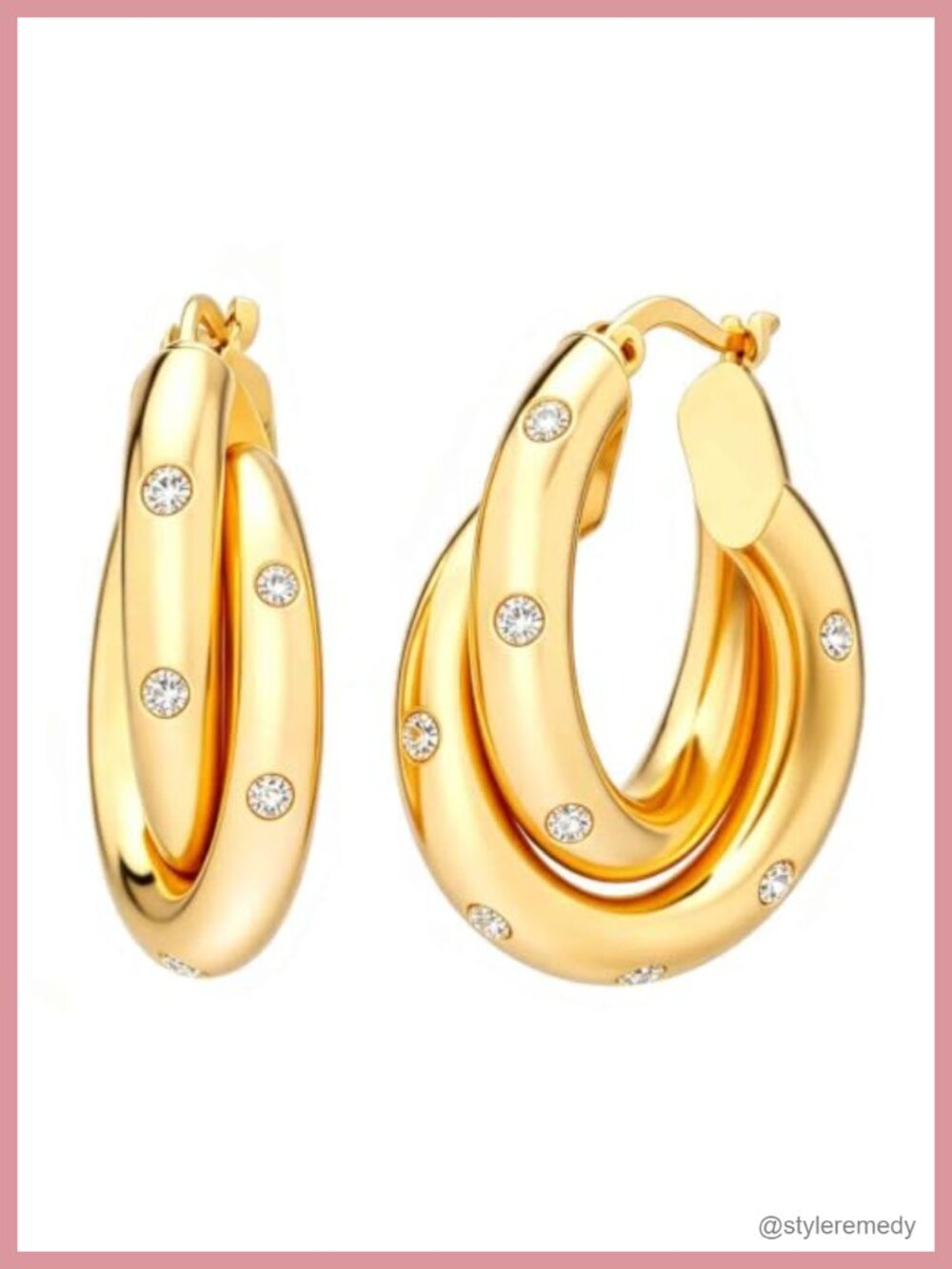 14K Gold Plated CZ Studded Hoop Earrings 18mm Lightweight Snap Closure